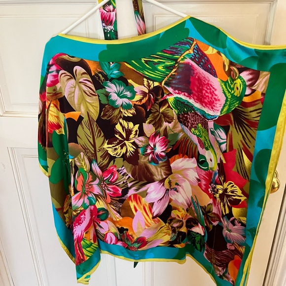100% silk CACHE TOP KAFTAN PONCHO BLOUSE tropical floral design - Picture 4 of 10